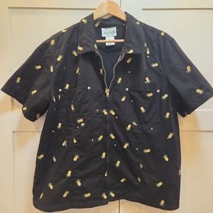 Quacker Factory Black Embroidered Pineapple Jacket Short Sleeve Full Zip Size 1X